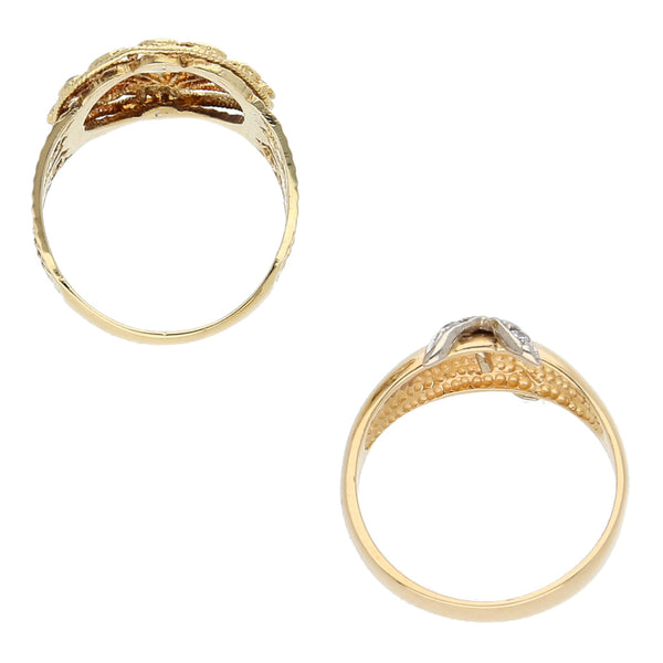 Anillo calado motivo pavo real con esmalte en oro amarillo y anillo diseño especial con circonias en oro dos tonos 14 kilates.