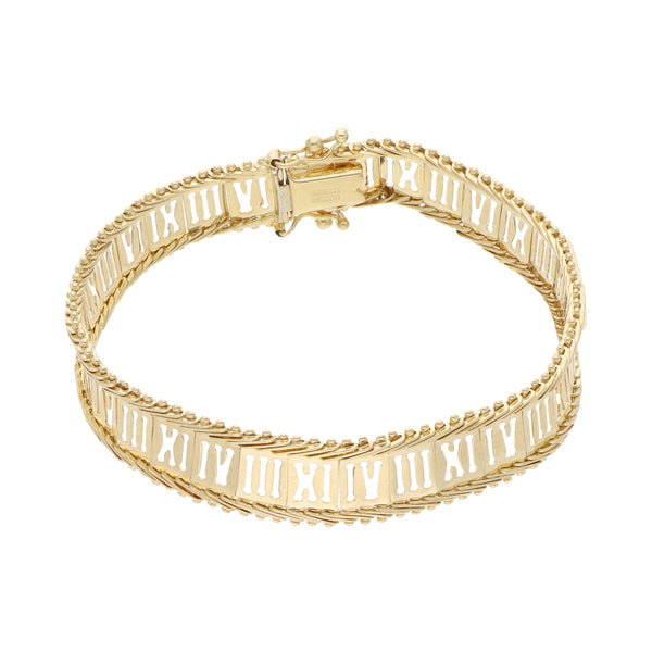 Pulsera eslabón boleado motivo números romanos en oro amarillo 14 kilates.