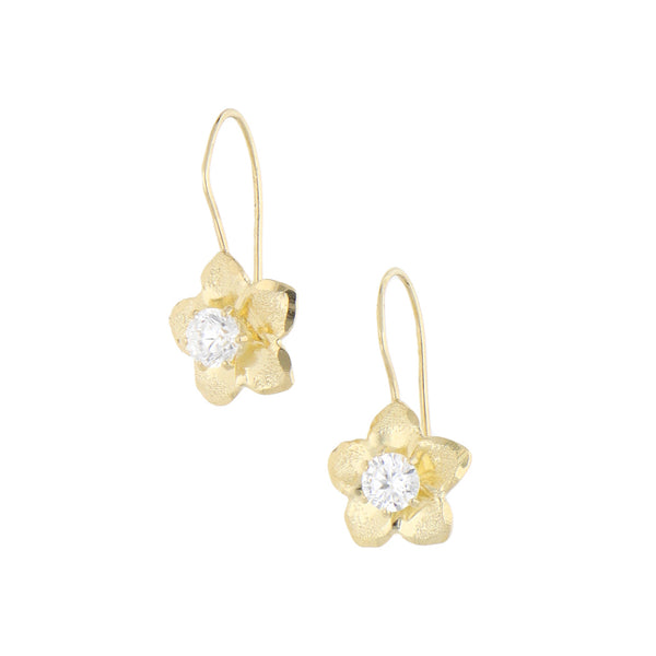 Aretes laminados motivo floral con circonias en oro amarillo 10 kilates.