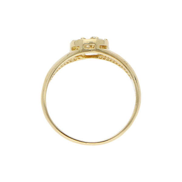 Anillo diseño especial motivo caballo con herrradura y circonias en oro amarillo 14 kilates.