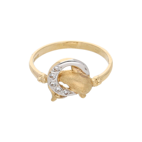 Anillo diseño especial motivo delfín con circonias en oro amarillo 14 kilates.