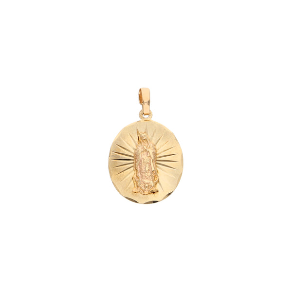 Medalla diseño especial motivo Virgen de Guadalupe en oro amarillo 14 kilates.