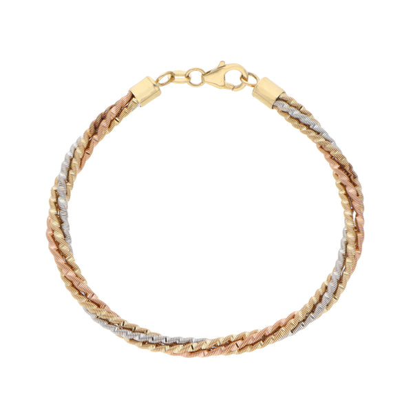 Pulsera cuatro hilos trenzados en oro tres tonos 14 kilates.