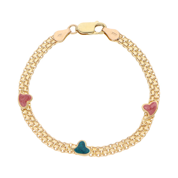 Pulsera eslabón palmeado con aplicaciones motivo corazón y esmalte en oro amarillo 14 kilates.