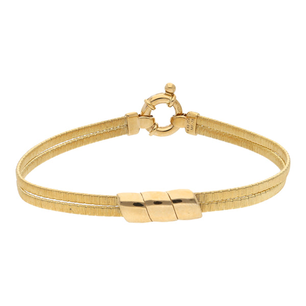 Pulsera dos hilos eslabón planchado con aplicación en oro amarillo 14 kilates.