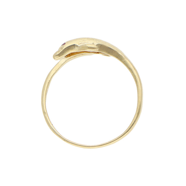 Anillo estilizado motivo delfín con sintético en oro amarillo 14 kilates.