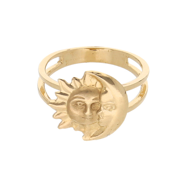 Anillo diseño especial motivo sol y luna en oro amarillo 14 kilates.