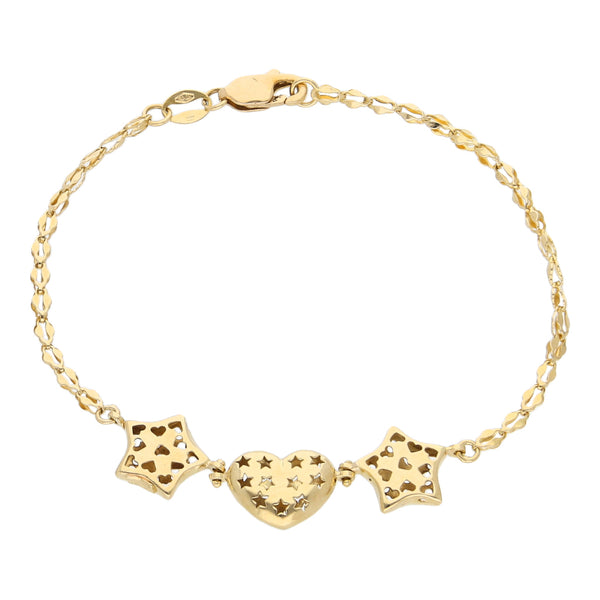 Pulsera eslabón laminado con aplicaciones motivo corazón y estrellas en oro amarillo 14 kilates.