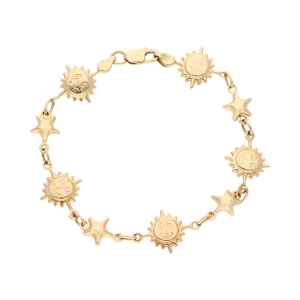 Pulsera eslabón combinado motivos sol y estrella en oro amarillo 14 kilates.