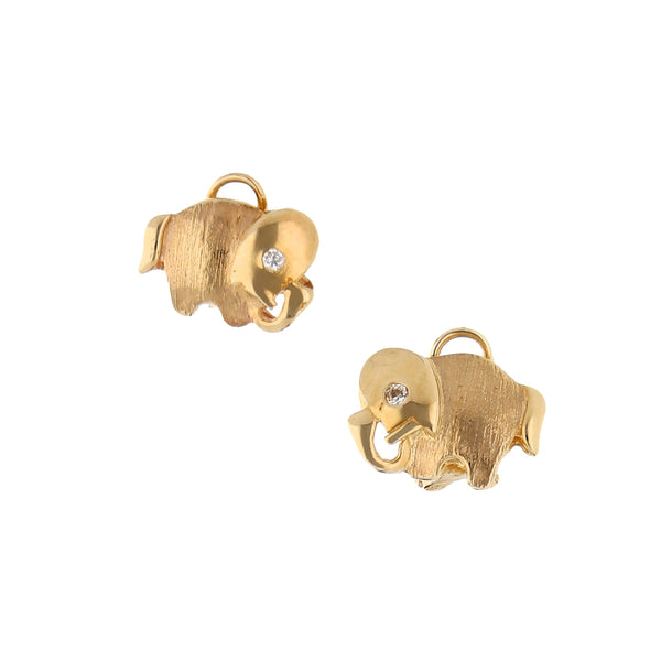 Aretes diseño especial motivo elefante con circonias en oro amarillo 10 kilates.