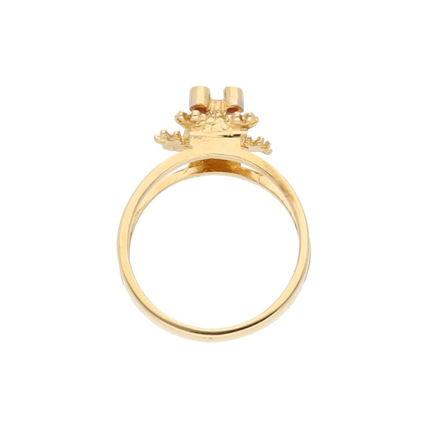 Anillo calado motivo rana con sintéticos en oro amarillo 14 kilates.