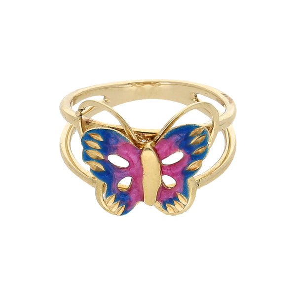 Anillo estilizado motivo mariposa con esmalte en oro amarillo 14 kilates.