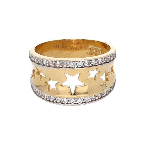 Anillo calado motivo estrellas con circonias en oro amarillo 14 kilates.