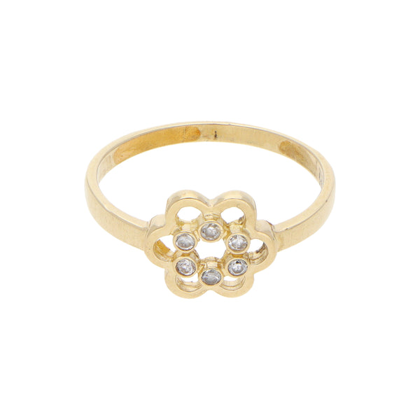 Anillo calado motivo floral con sintéticos en oro amarillo 14 kilates.