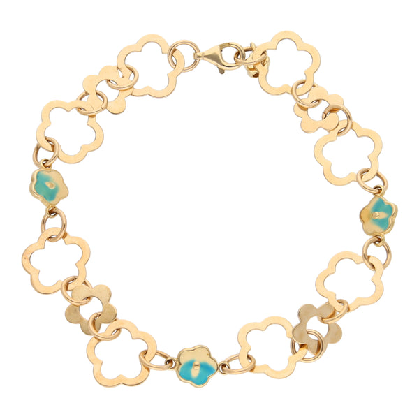 Pulsera eslabón combinado motivo floral con esmalte en oro amarillo 14 kilates.