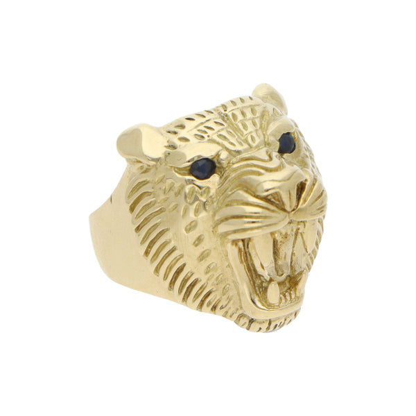 Anillo diseño especial motivo felino con zafiros en oro amarillo 14 kilates.