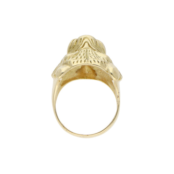 Anillo diseño especial motivo felino con zafiros en oro amarillo 14 kilates.