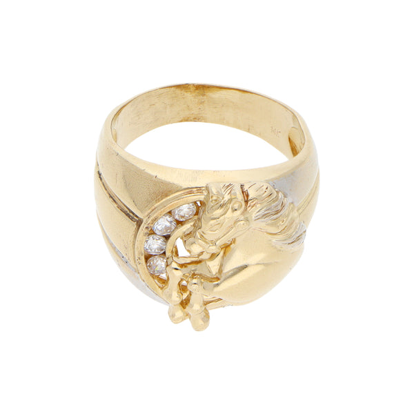 Anillo estilizado motivo caballo con circonias en oro amarillo 14 kilates.