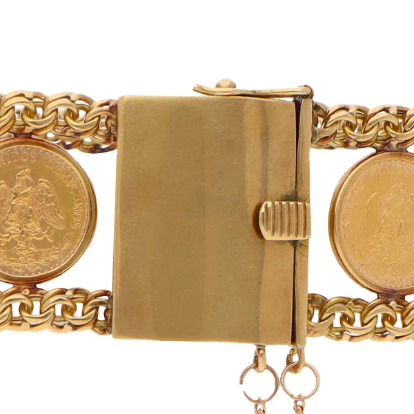 Pulsera dos hilos eslabón encontrado doble con trece monedas de dos pesos y una moneda de 10 pesos oro mexicano 21.6 kilates en oro amarillo 18 kilates.