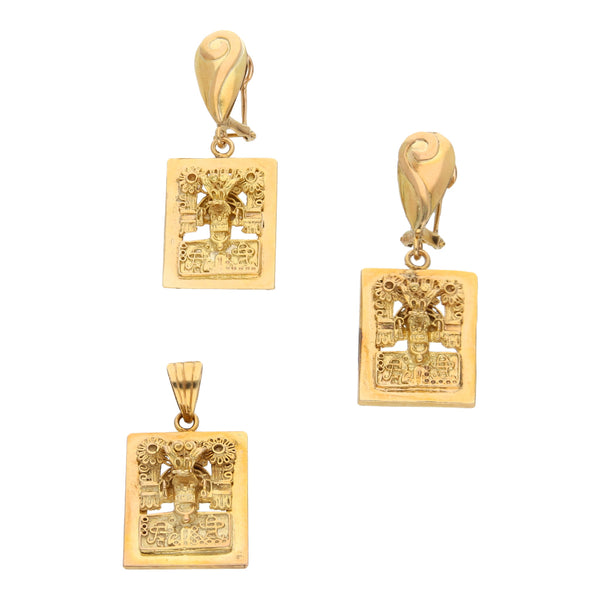 Juego de dije y aretes diseño especial motivo prehispánico en oro amarillo 14 kilates.