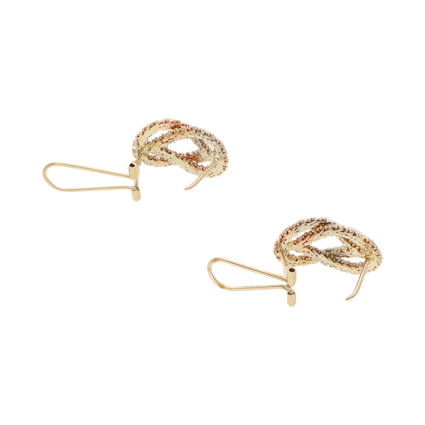 Aretes boleados en oro tres tonos 14 kilates.