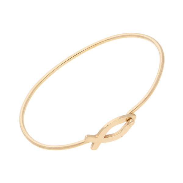 Pulsera de arillo ovalada lisa con aplicación motivo pez en oro amarillo 14 kilates.