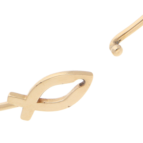 Pulsera de arillo ovalada lisa con aplicación motivo pez en oro amarillo 14 kilates.