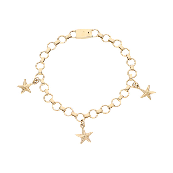 Pulsera eslabón combinado con dijes motivo estrella en oro amarillo 14 kilates.