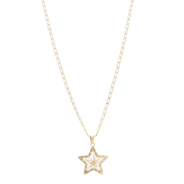 Collar eslabón encontrado y dije calado motivo estrella en oro amarillo 14 kilates.