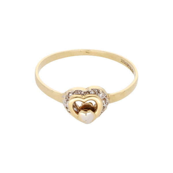 Anillo calado motivo corazones con sintéticos en oro amarillo 14 kilates.