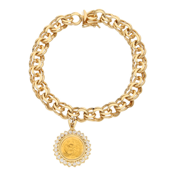 Pulsera eslabón encontrado doble con colgante, circonias y moneda china en oro amarillo 14 kilates.