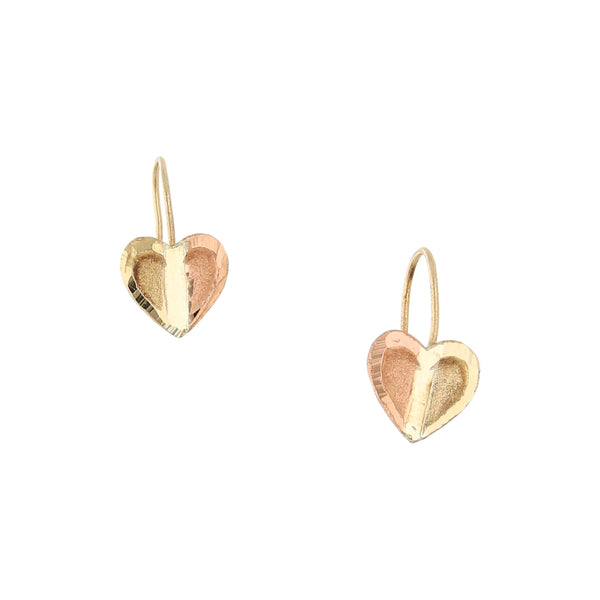 Aretes diseño especial motivo corazón en oro dos tonos 14 kilates.