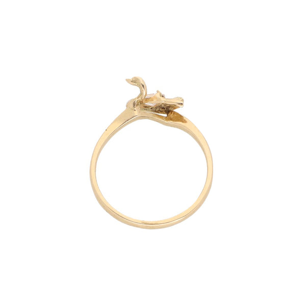 Anillo estilizado motivo cisne con circonia en oro amarillo 14 kilates.