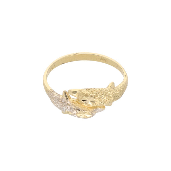 Anillo estilizado motivo delfines en oro amarillo 14 kilates.