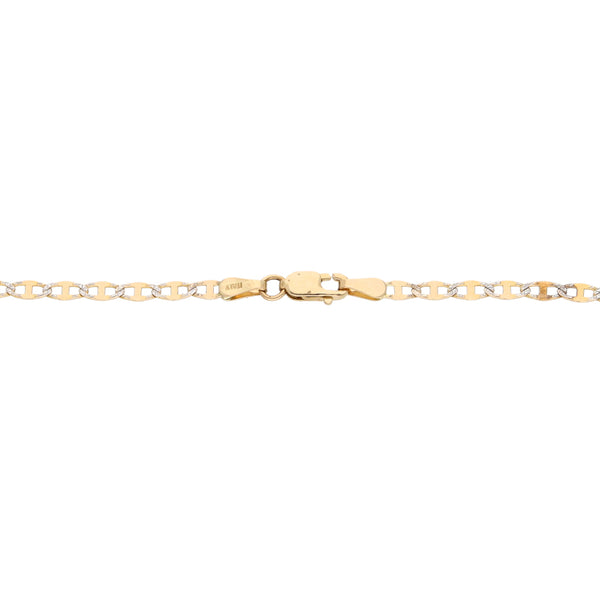 Pulsera eslabón nudo marino platinada y dije laminado motivo sol en oro amarillo 14 kilates.