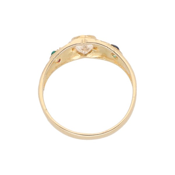 Anillo diseño especial con sintéticos en oro amarillo 14 kilates.