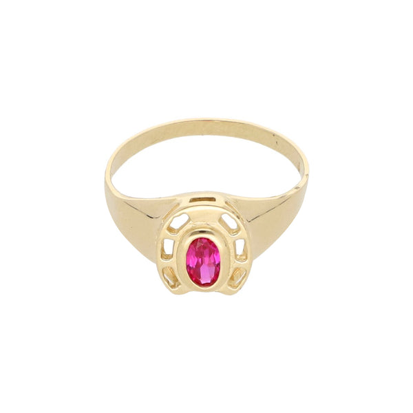 Anillo calado motivo herradura con sintético en oro amarillo 14 kilates.