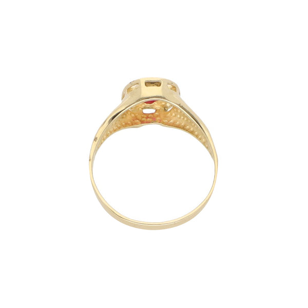 Anillo calado motivo herradura con sintético en oro amarillo 14 kilates.