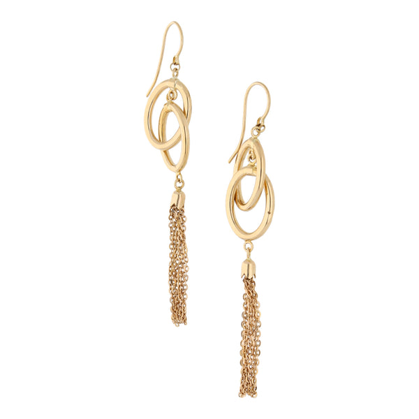 Aretes diseño especial con colgantes en oro amarillo 14 kilates.