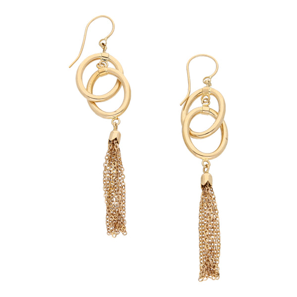 Aretes diseño especial con colgantes en oro amarillo 14 kilates.