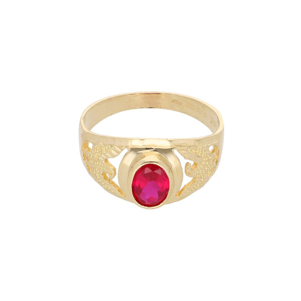 Anillo calado motivo águilas con sintético en oro amarillo 14 kilates.
