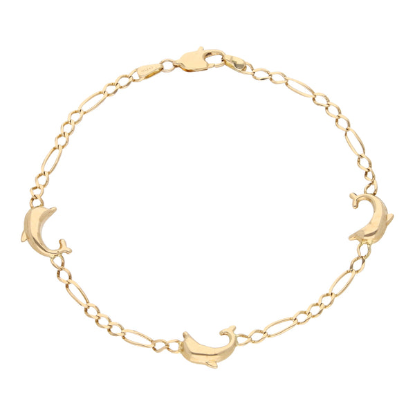 Pulsera de tres eslabones por uno con aplicaciones motivo delfín en oro amarillo 14 kilates.