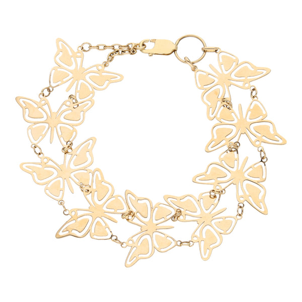 Pulsera eslabón combinado motivo mariposas en oro amarillo 14 kilates.