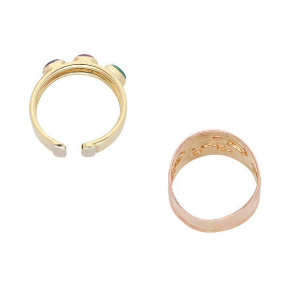 Anillo abierto con sintéticos en oro amarillo y anillo diseño especial motivo elefantes en oro rosa 14 kilates.