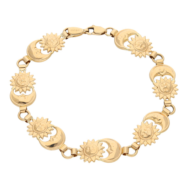 Pulsera eslabón combinado motivo sol y luna en oro amarillo 14 kilates.