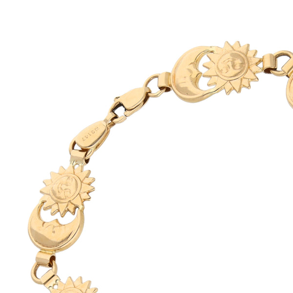 Pulsera eslabón combinado motivo sol y luna en oro amarillo 14 kilates.
