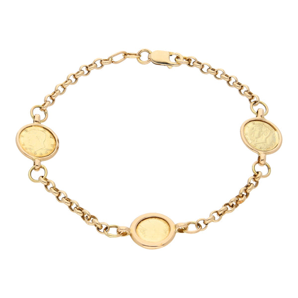 Pulsera eslabón cruzado con aplicaciones en oro amarillo 14 kilates.