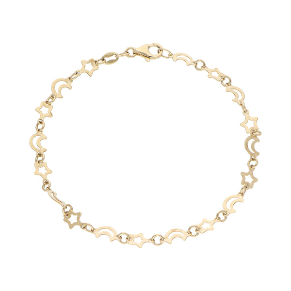 Pulsera eslabón combinado motivo luna y estrella en oro amarillo 14 kilates.