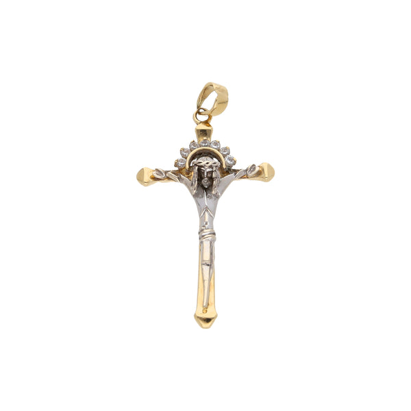 Crucifijo diseño especial con circonias en oro dos tonos 14 kilates.