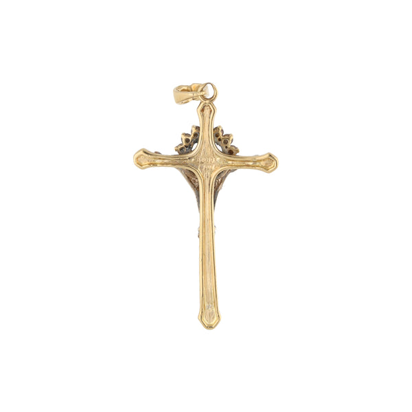 Crucifijo diseño especial con circonias en oro dos tonos 14 kilates.